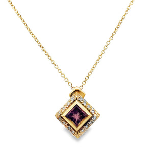 14Y Invisible Set Princess Cut Pink Tourmaline Slide Pendent with Diamond Accents on 1.5mm Chain 16"