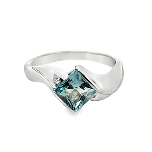 14W Bar SQ Aquamarine and Diamond Ring sz 6.25