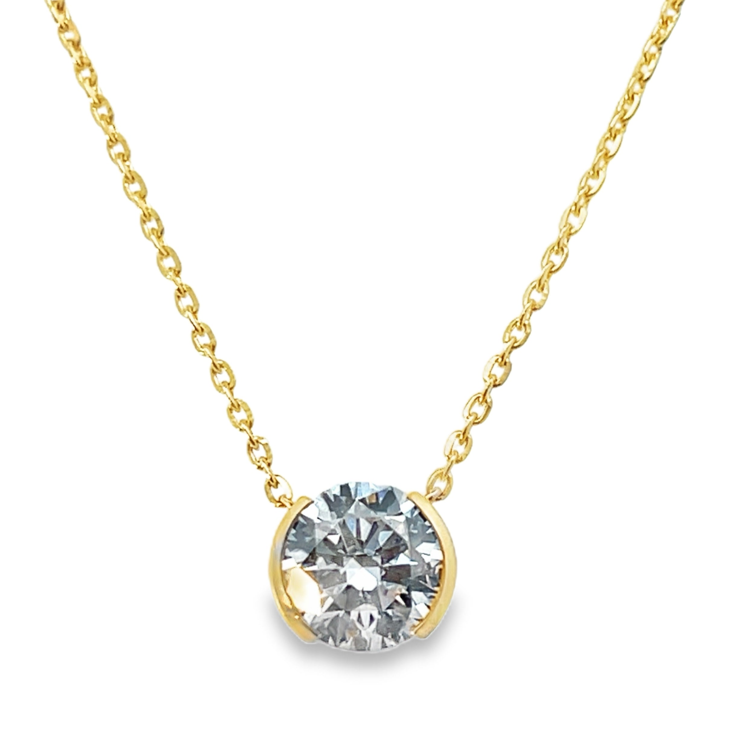 14Y 8mm Round Bezel Set Lab Grown Diamond Pendant with Diamond Cut Cable Chain