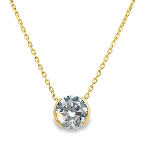 14Y 8mm Round Bezel Set Lab Grown Diamond Pendant with Diamond Cut Cable Chain