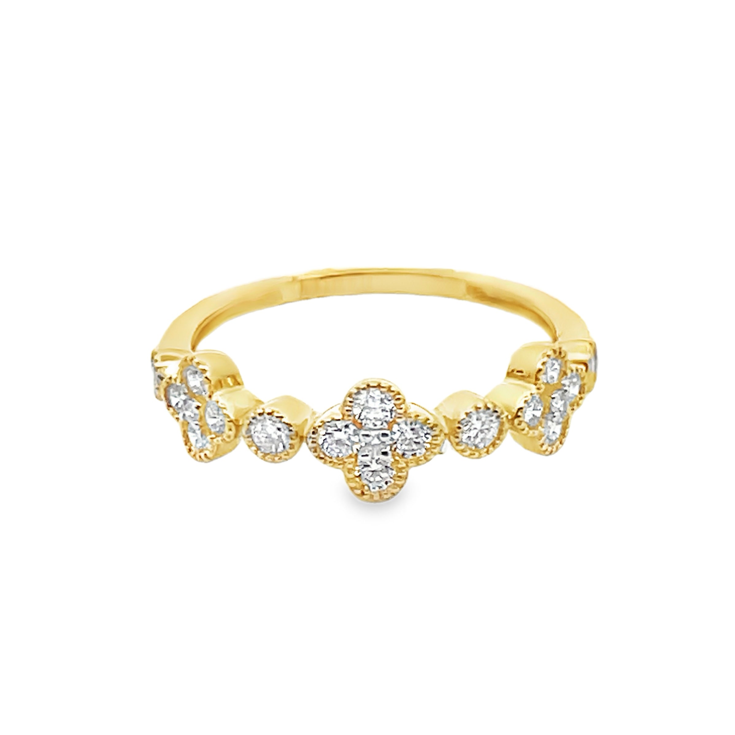 14Y Van Cleef Style Diamond Station Ring with 4-Round Miligrain Bezel Diamonds sz 6