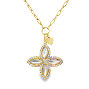 18Y Flower Mother of Pearl with Diamond Halo Pendant on Paperclip Chain 18" 1.57ctw