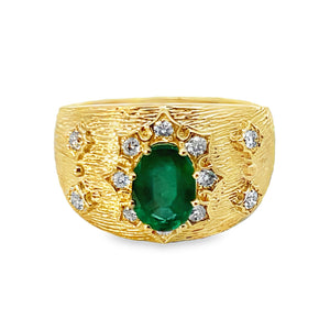 14Y Wide Textured Band with Oval Emerald and Round Diamonds sz 7