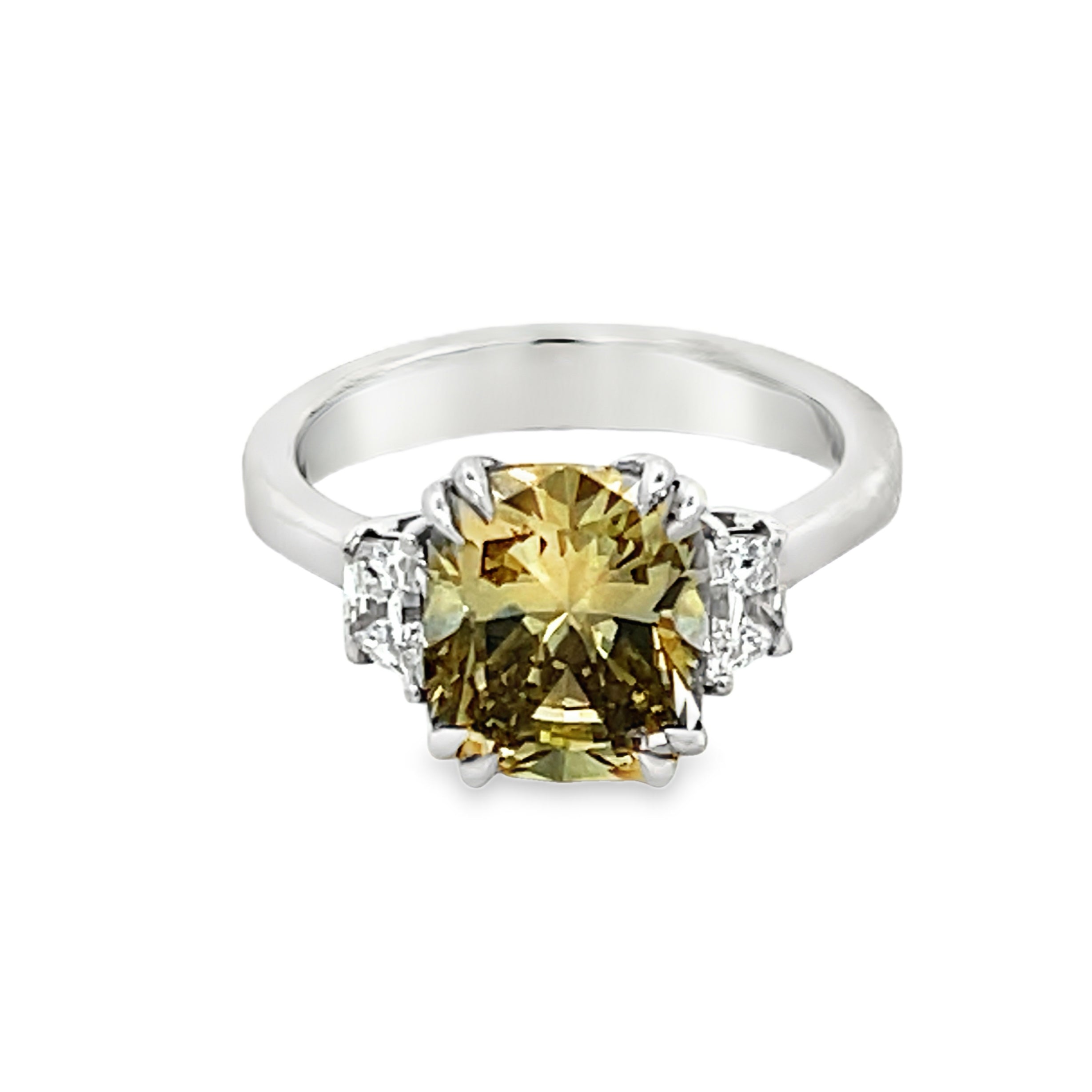 18W 3.52ct Cushion Green/Yellow/Brown Diamond with .57ct Diamonds Trapezoid Ring sz 7