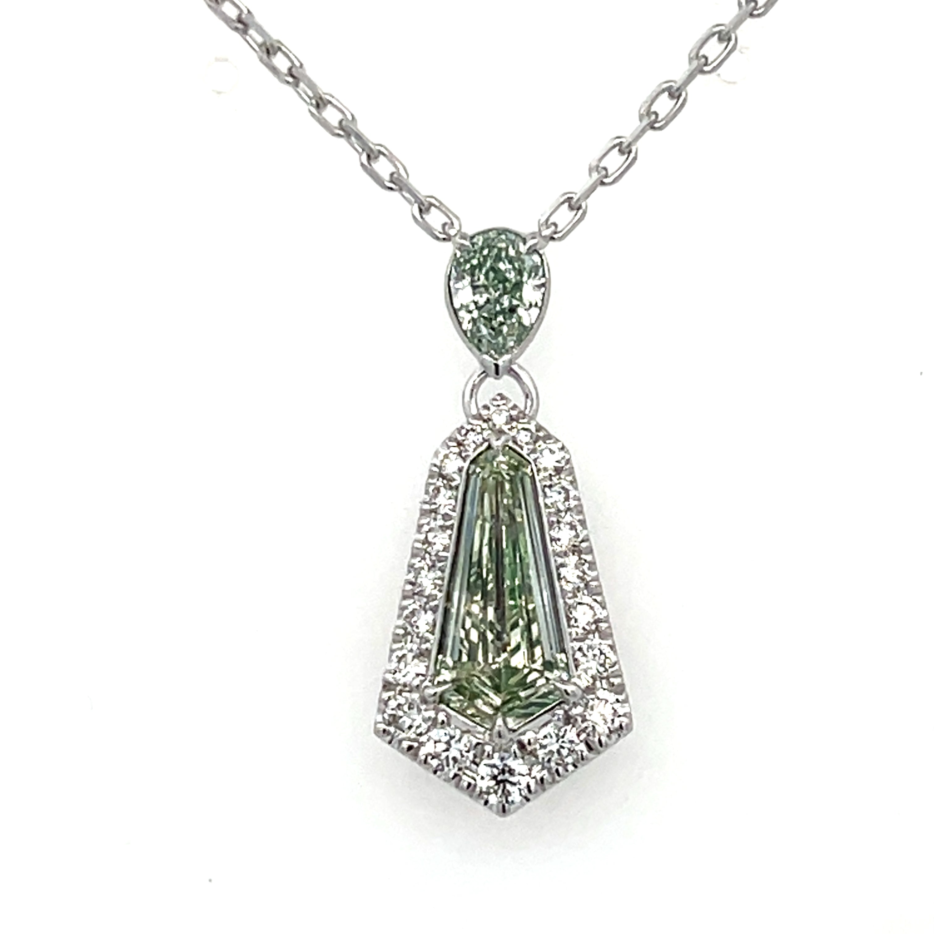 18W 2.03ct Kite .72ct Pear Shape Green Diamond Halo Pendant