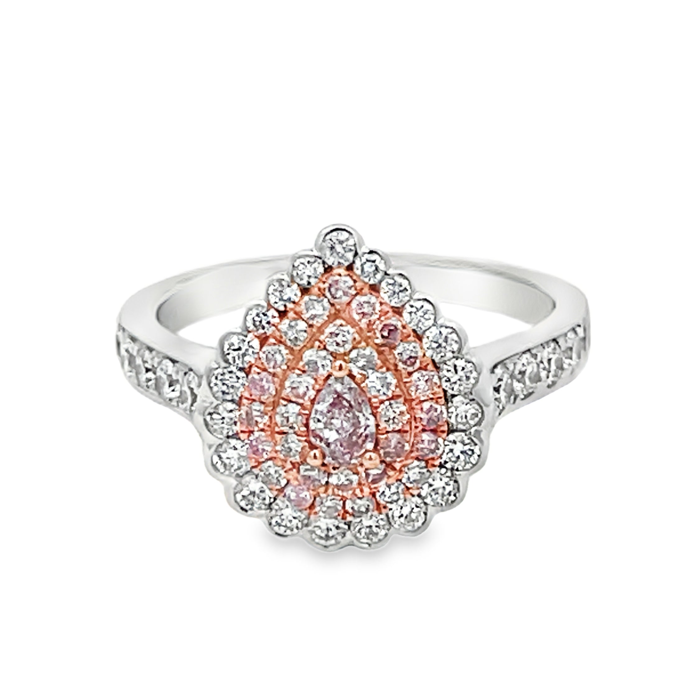 18W/R Round and Pear Shape Pink Diamond Ring with Round White Diamond Halo 1.08ctw sz 7