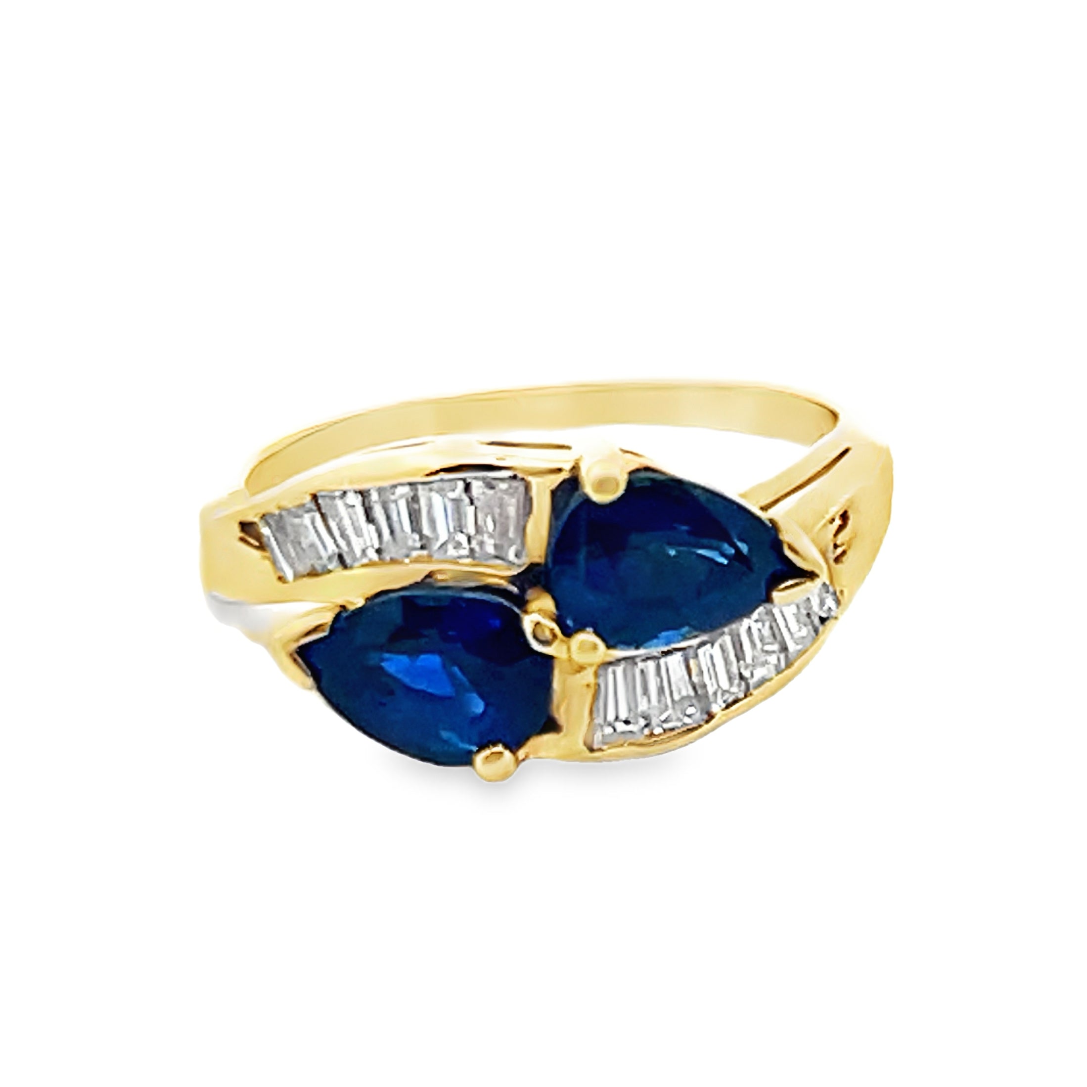 14Y Pear Shape Blue Sapphire and Baguette Diamond Bypass Ring sz 6.5