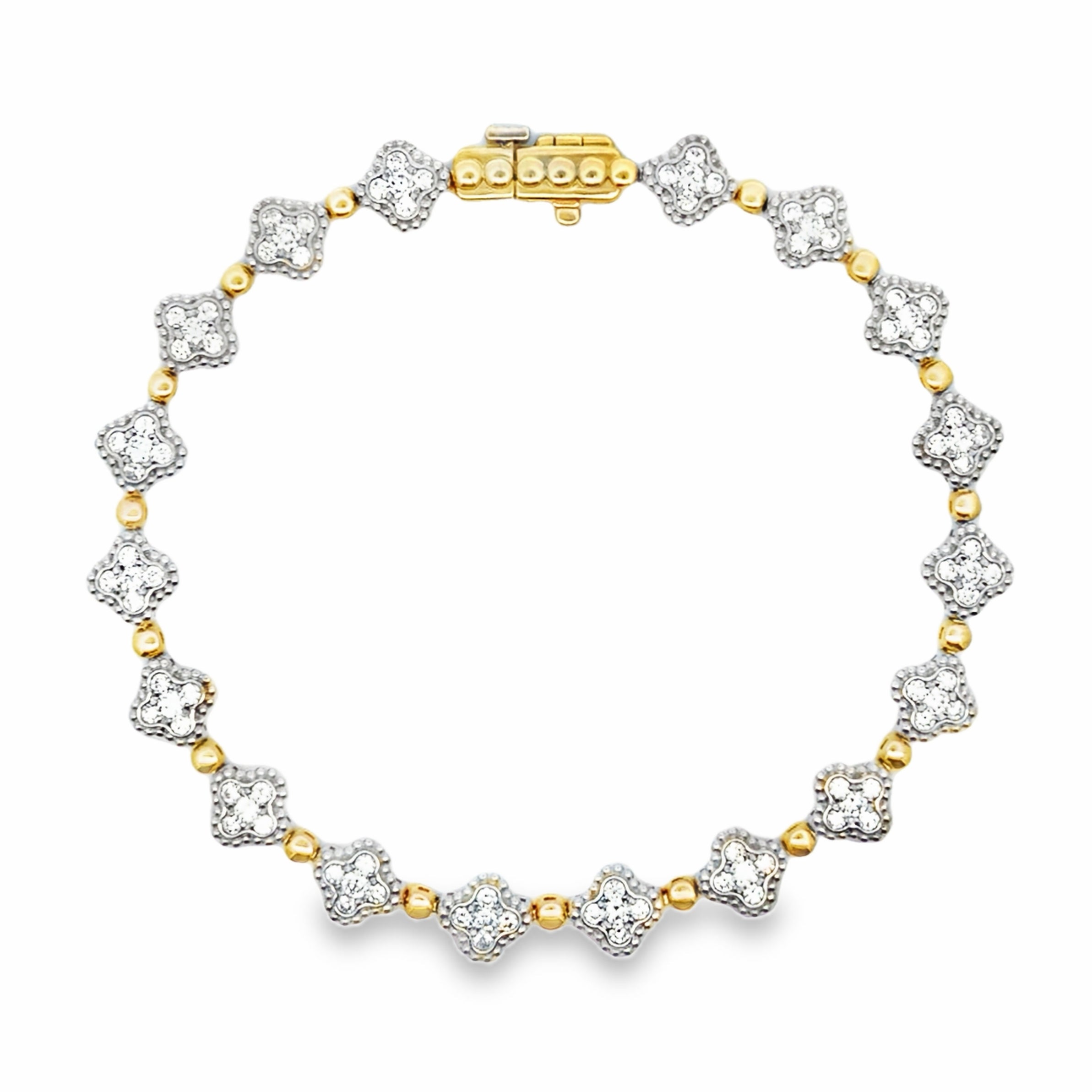 14W Clover Diamond Cluster Station Bracelet with Yellow Gold Bead Sections 7"