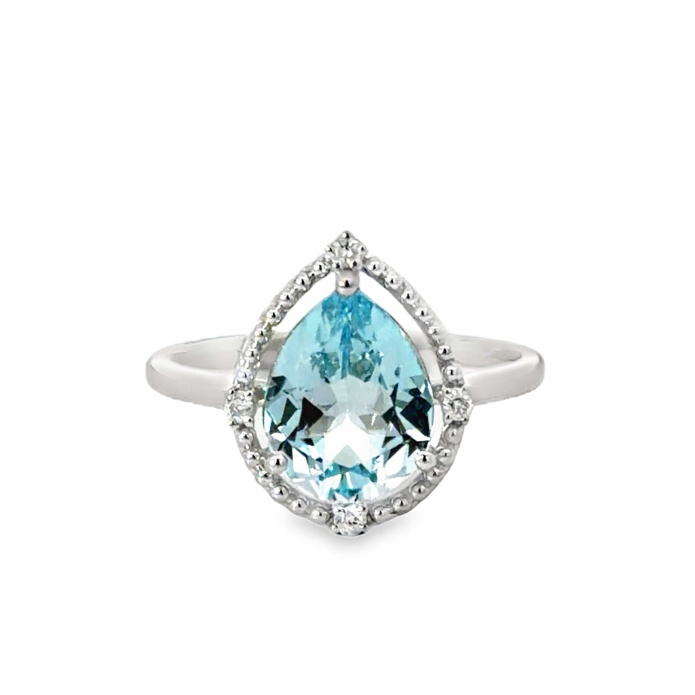14W Pear Shape Blue Topaz with Round Bead and Diamond Halo Ring 2.55ctw sz 6.75