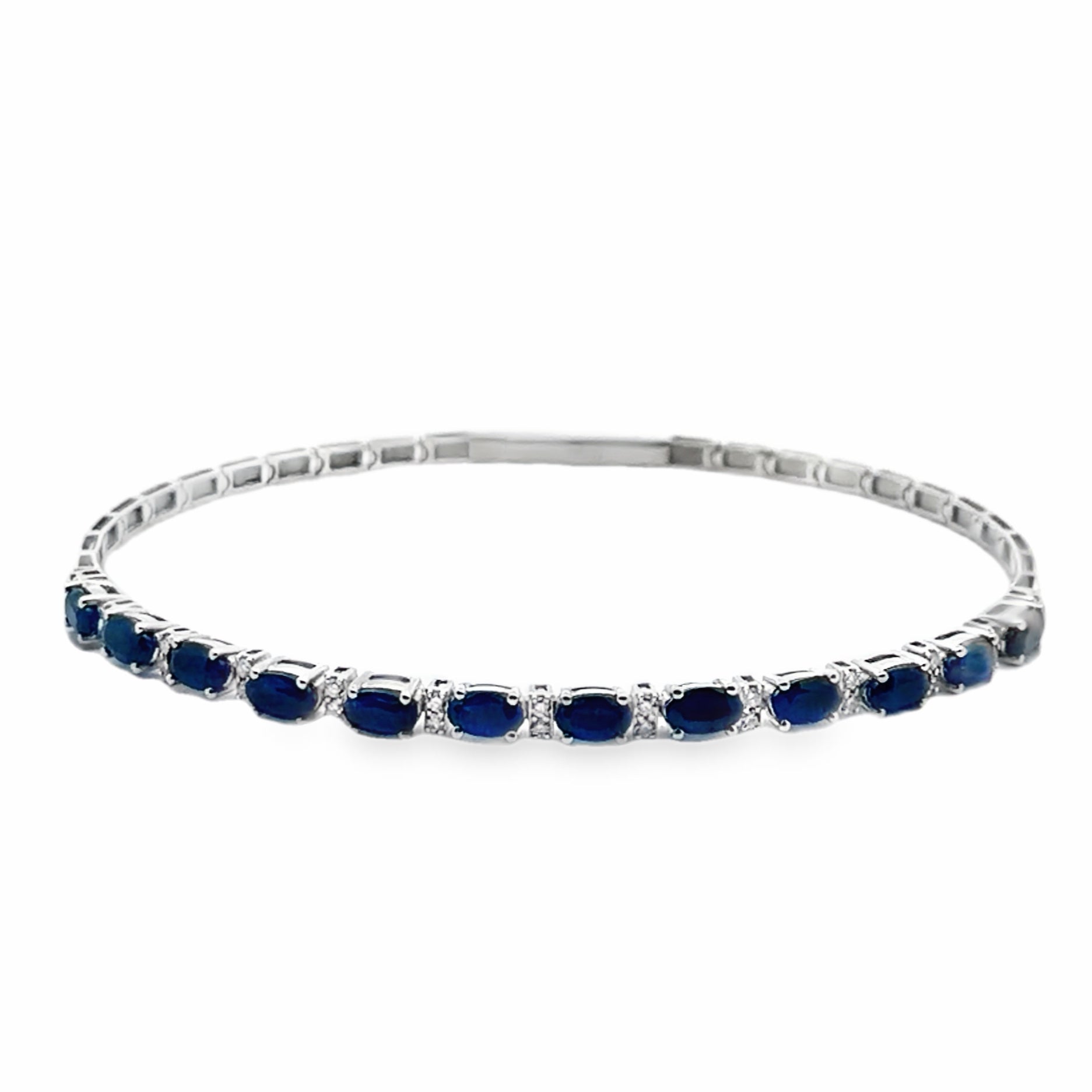 14W Oval Blue Sapphire and Round Diamond Bangle Bracelet 3.73ctw
