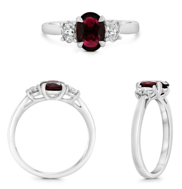Platinum 1.46ct Oval Ruby and Diamond 3 Stone Ring Size 6.5