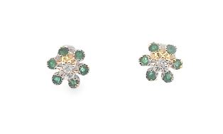 14Y Round Emerald and Diamond Cluster Earrings