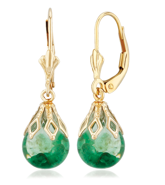 14Y 8mm Floating Emerald Leverback Dangle Earrings