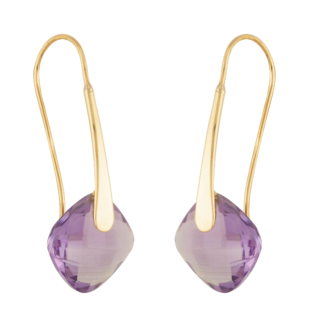 14Y 10mm Checkerboard Cushion Amethyst Drop Earrings