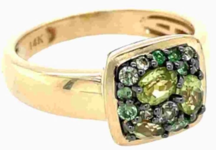 14Y Green Sapphire, Tsavorite, and Peridot Cushion Cluster Ring sz 6.5