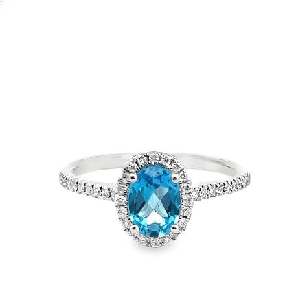 14W Oval Blue Topaz Ring with Halo and Pave Sides sz 7