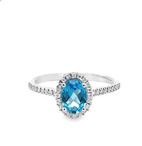 14W Oval Blue Topaz Ring with Halo and Pave Sides sz 7