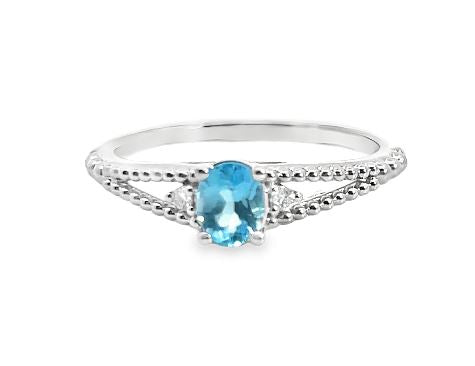 14W Oval Blue Topaz Ring with Split Shank Beading and Diamond Accents sz 6.5