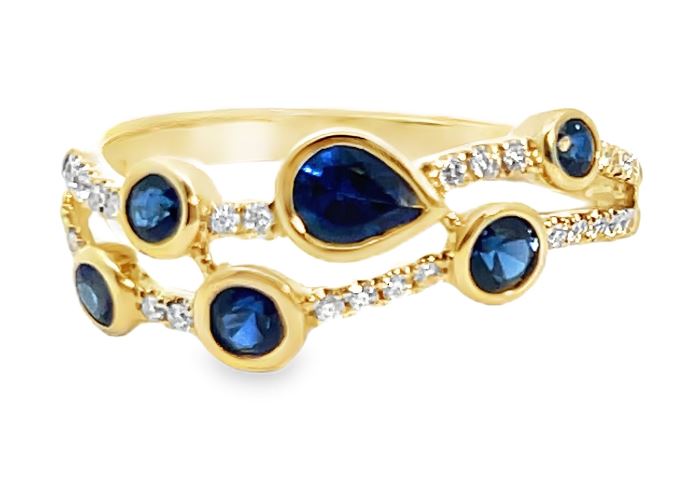 14Y Round and Pear Shaped Blue Sapphire Ring with Diamond Swirls sz 7