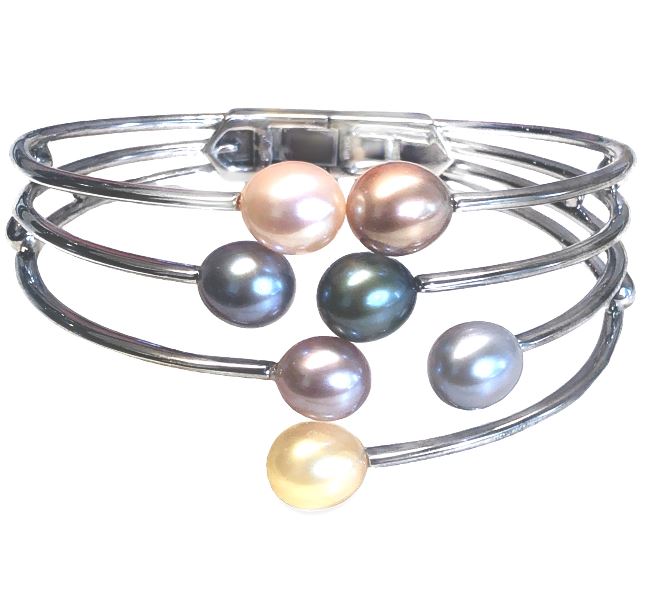 Sterling Silver Dyed Multicolored Freshwater Pearl Hinged Cuff Bracelet