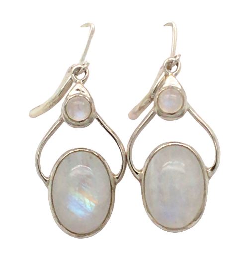 Sterling Silver Bezel Set Oval and Round Moonstone "Hip" Dangle Earrings with Leverbacks