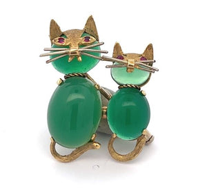 10Y Green Chalcedony Double Cat Pin