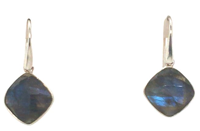 Sterling Silver Labradorite Bezel Set Square Cushion Checkerboard Dangle Earrings with Fish Hooks