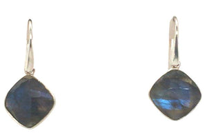 Sterling Silver Labradorite Bezel Set Square Cushion Checkerboard Dangle Earrings with Fish Hooks