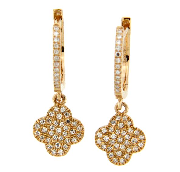 14Y Pave Diamond Quatrefoil Dangle Leverback Earrings