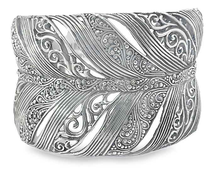 Sterling Silver Open Vine Design and Swirl Wide Cuff Bracelet