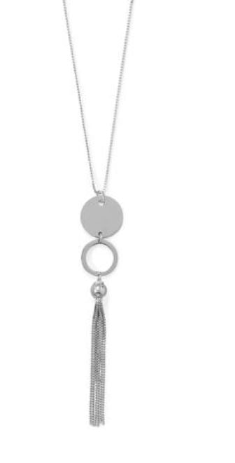 Sterling Silver 34" Disk/Circle Tassel Long Dangle Necklace