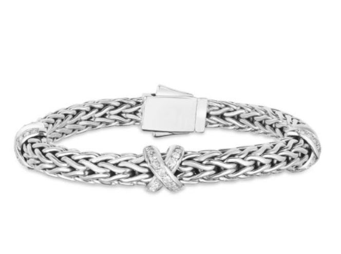 Sterling Silver 7.5" Woven X Bracelet with Black Sapphire and Box Clasp