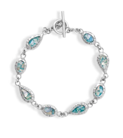 Sterling Silver 7.5" Roman Glass Bracelet with Pear/Oval