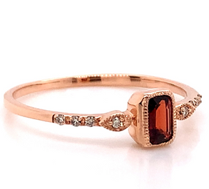 14R Emerald Cut Garnet and Diamond Dainty Stacking Ring Size 7
