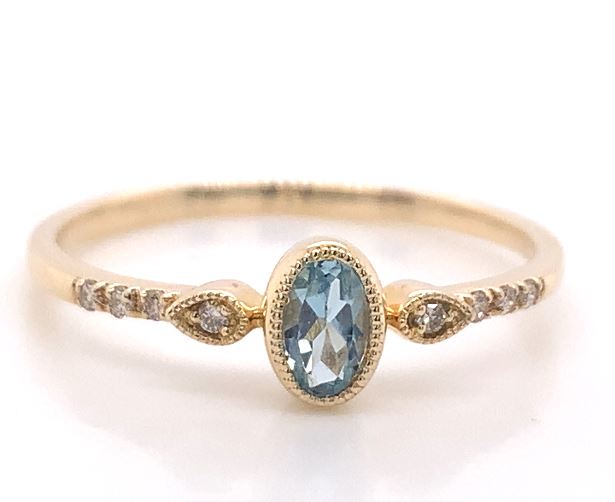 14Y Oval Aqua and Diamond Dainty Stacking Ring sz 7