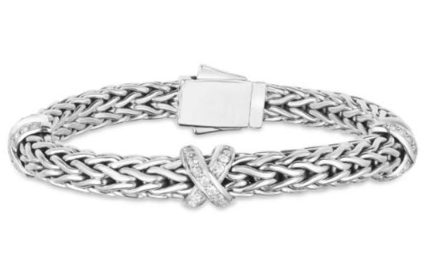 Sterling Silver 7.5" Woven X Bracelet with White Sapphire and Box Clasp