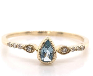 14Y Pear Shape Aqua and Diamond Dainty Stacking Ring sz 7