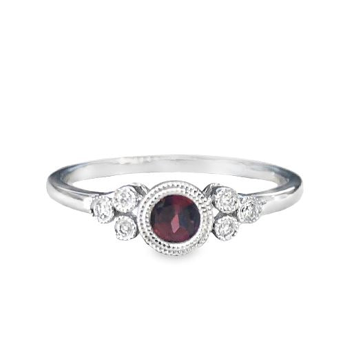14W Bezel Set Miligrain Round Garnet and Diamond Ring sz 6