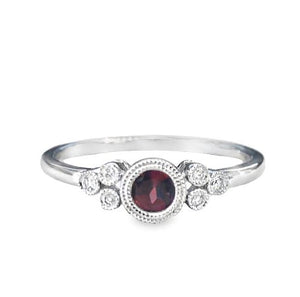 14W Bezel Set Miligrain Round Garnet and Diamond Ring sz 6