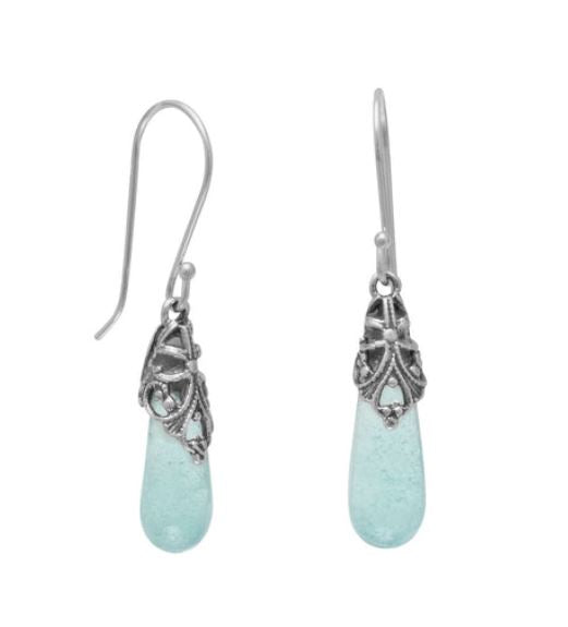 Sterling Silver Pear Shape Roman Glass Dangle Earrings