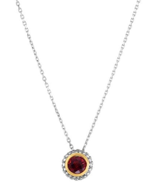 Sterling Silver with 18Y Round Pendant with Garnet On 18" Diamond Cable Chain