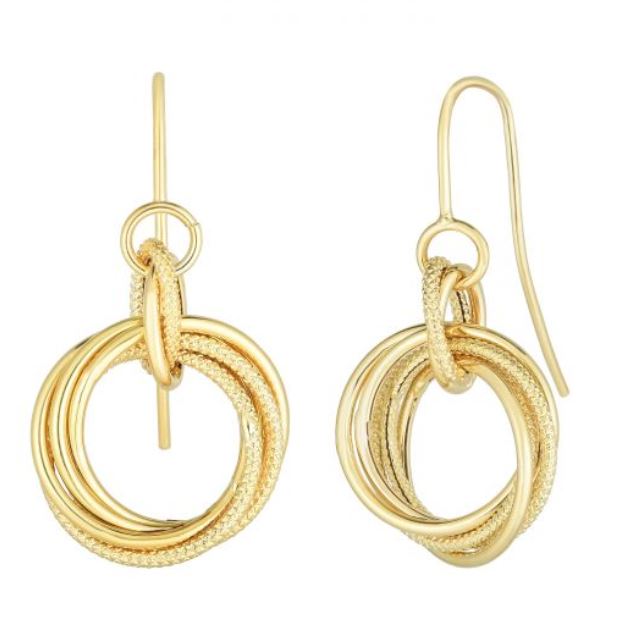 14Y Round Textured Double Drop Earrings with French Wire