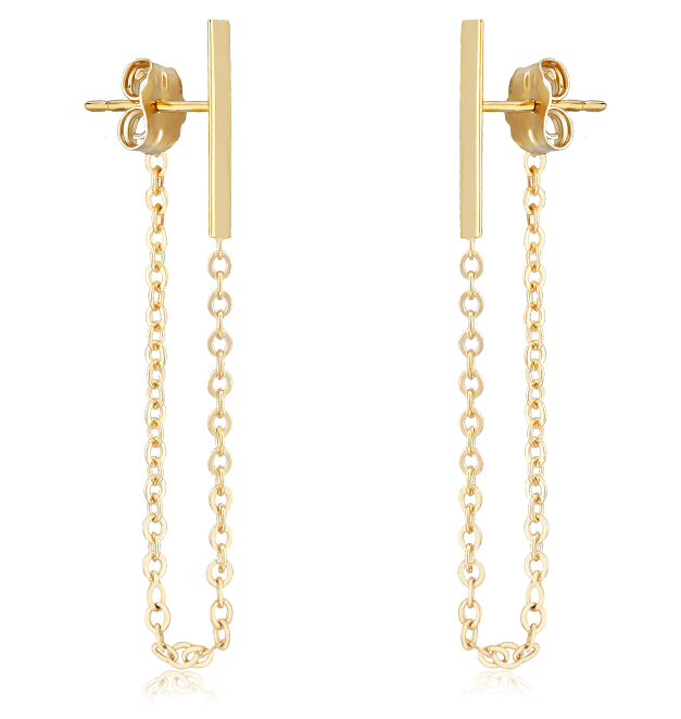 Pair 14Y Solid Bar with Chain Dangle Earrings