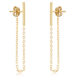 Pair 14Y Solid Bar with Chain Dangle Earrings