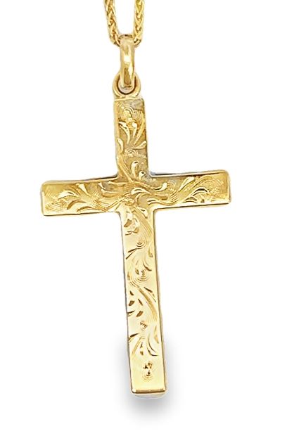 14Y Cross Pendant with Swirl Engravings