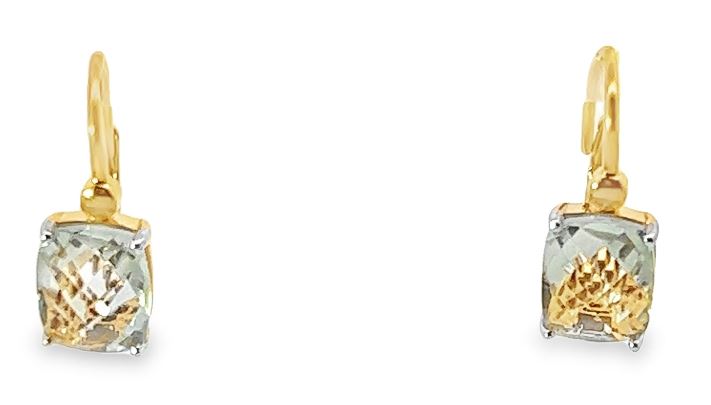 Sterling Silver 14K Vermiel Green Amethyst Checkerboard Cushion Earrings