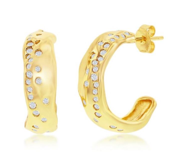 Sterling Silver Yellow Gold Plated Scattered CZ Organic J Hoop Earrings