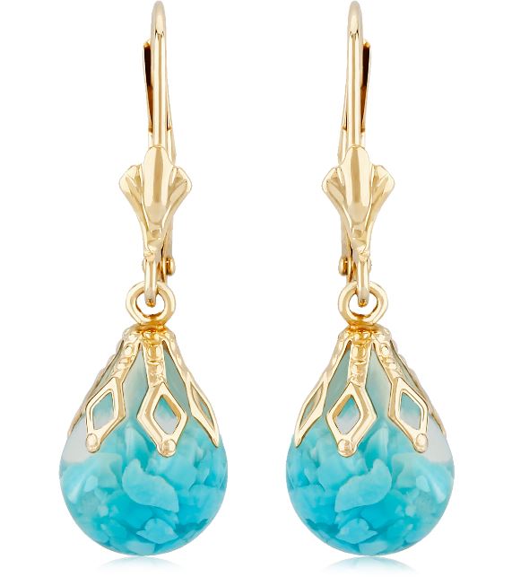 14Y 8mm Floating Turquoise Leverback Dangle Earrings