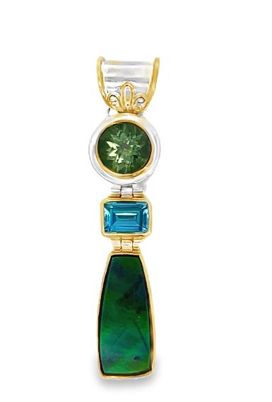 Sterling Silver 22KY Vermeil Pendant with Round Ammolite, Blue Topaz, and Envy Topaz Stones