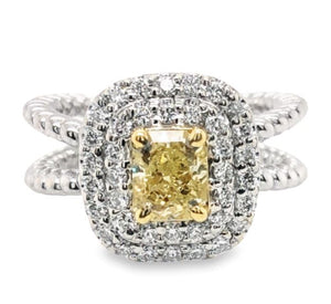 14W Cushion Cut Fancy Yellow Diamond in Double Halo Ring sz 6.5